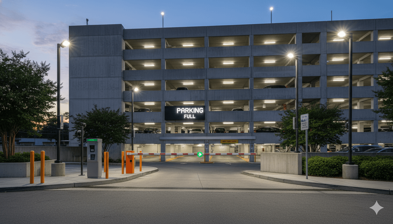 Parking lot entrance with boom barrier